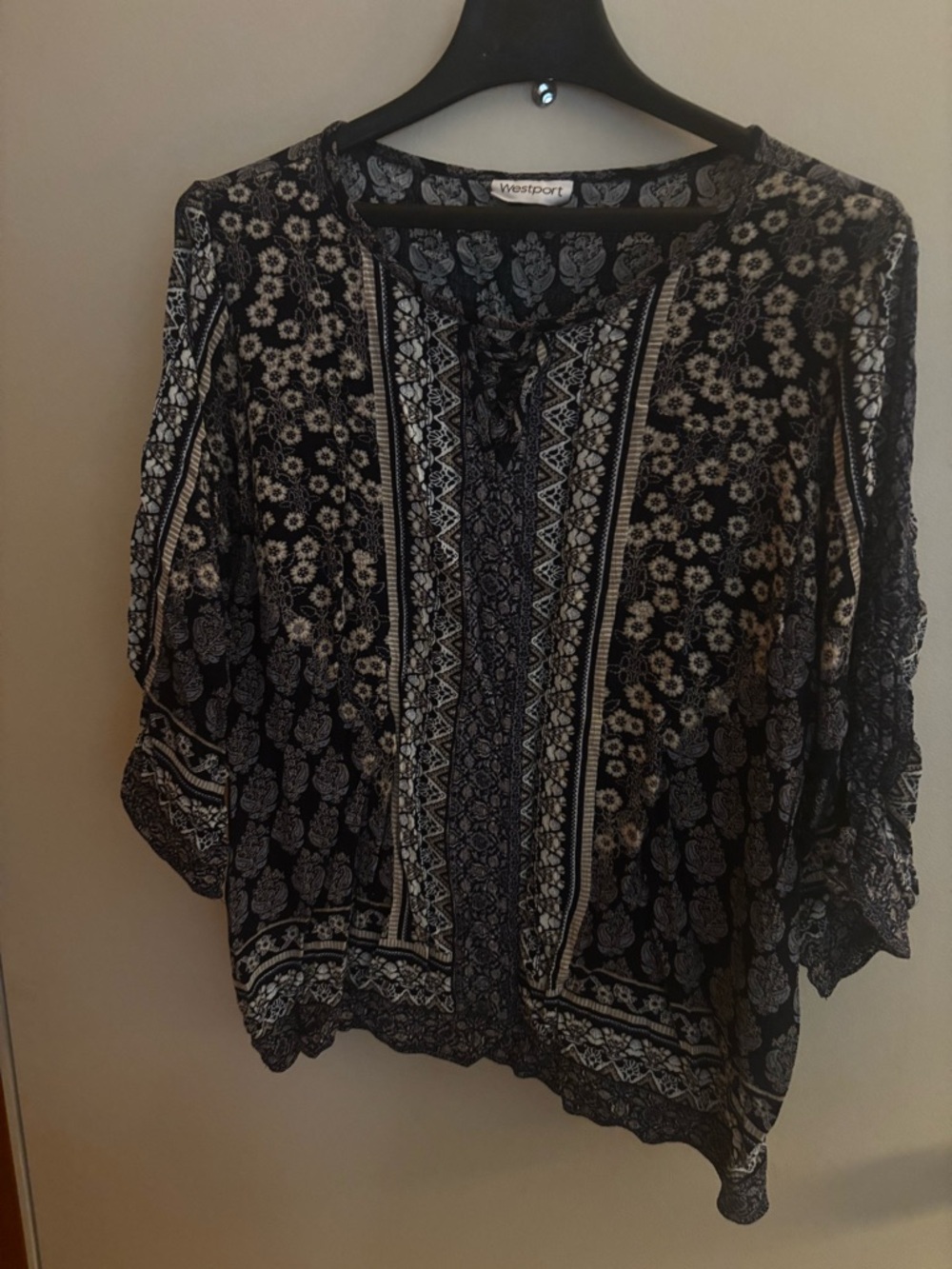 Westport Blue & White Floral Boho Tunic with Lace-Up Neck
